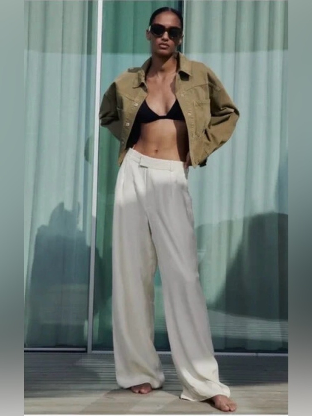 Zara Cream Wide-Leg High-Waist Trousers